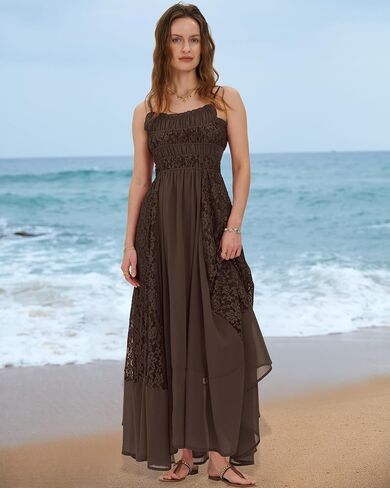 Gacaky Summer Dress for Women Casual Lace Floral Embroidered Bohemian Maxi Dress Flowy A Line Beach Long Dress in Kuwait