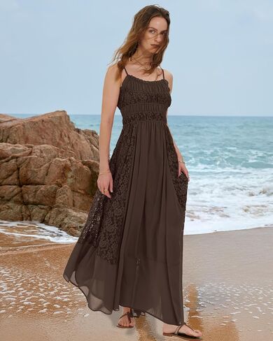 Gacaky Summer Dress for Women Casual Lace Floral Embroidered Bohemian Maxi Dress Flowy A Line Beach Long Dress in Kuwait