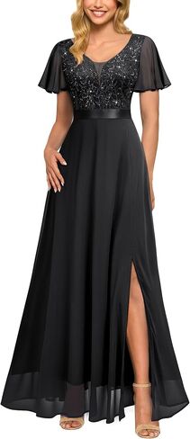 Miusol Women's V-Neck Sequin Lace Classy Ruffle Sleeve Bridesmaid Maxi Dress in Saudi Arabia