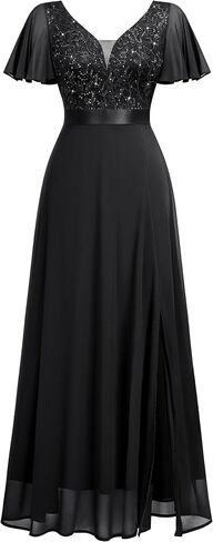 Miusol Women's V-Neck Sequin Lace Classy Ruffle Sleeve Bridesmaid Maxi Dress in Saudi Arabia