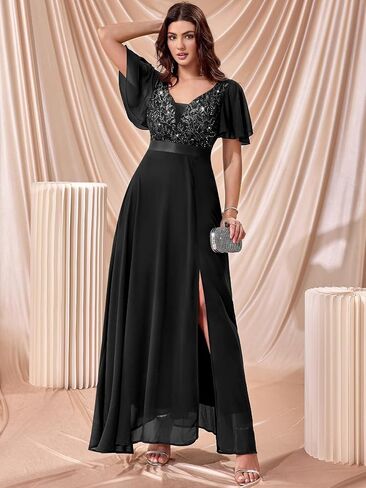 Miusol Women's V-Neck Sequin Lace Classy Ruffle Sleeve Bridesmaid Maxi Dress in Saudi Arabia