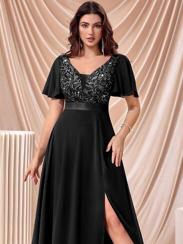 Miusol Women's V-Neck Sequin Lace Classy Ruffle Sleeve Bridesmaid Maxi Dress in Saudi Arabia