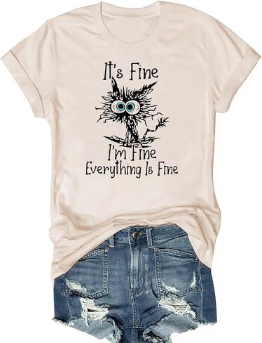 Women's I'm Fine Everything is Fine T-Shirts Short Sleeve Sayings Oversized Casual Cute Cat Graphic Tee Blouse Tops in Kuwait