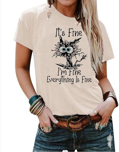 Women's I'm Fine Everything is Fine T-Shirts Short Sleeve Sayings Oversized Casual Cute Cat Graphic Tee Blouse Tops in Kuwait