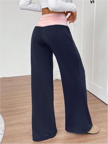SOLY HUX Women's Sweatpants Color Block Low Rise Fold Over Waist Baggy Wide Leg Pants in Kuwait