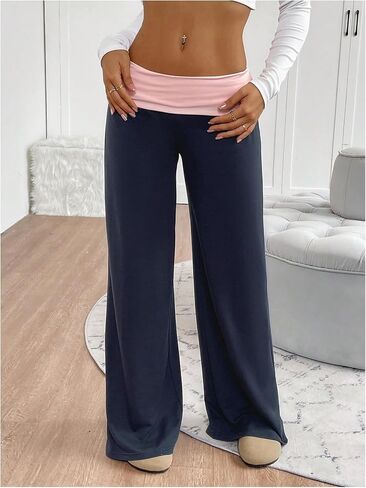 SOLY HUX Women's Sweatpants Color Block Low Rise Fold Over Waist Baggy Wide Leg Pants in Kuwait