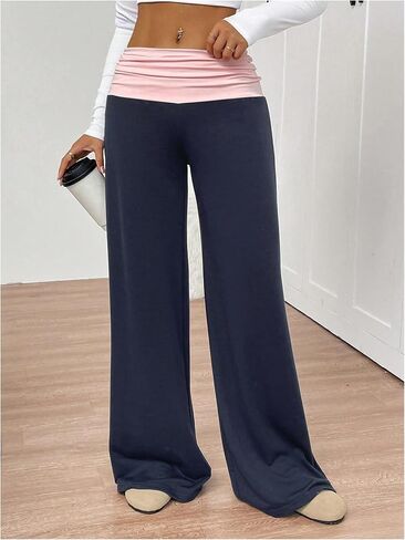 SOLY HUX Women's Sweatpants Color Block Low Rise Fold Over Waist Baggy Wide Leg Pants in Kuwait