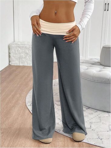 SOLY HUX Women's Sweatpants Color Block Low Rise Fold Over Waist Baggy Wide Leg Pants in Kuwait