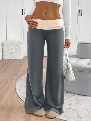 SOLY HUX Women's Sweatpants Color Block Low Rise Fold Over Waist Baggy Wide Leg Pants in Kuwait