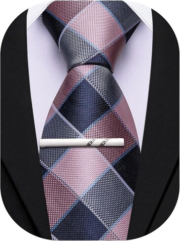 Barry.Wang Plaid Ties Mens Silk Necktie and Tie Clip Checkered Tie for Wedding Party Business Formal in Saudi Arabia