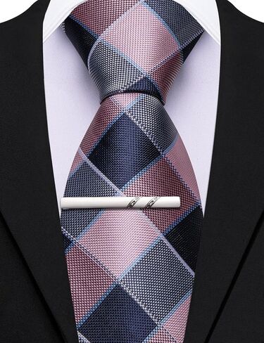Barry.Wang Plaid Ties Mens Silk Necktie and Tie Clip Checkered Tie for Wedding Party Business Formal in Saudi Arabia