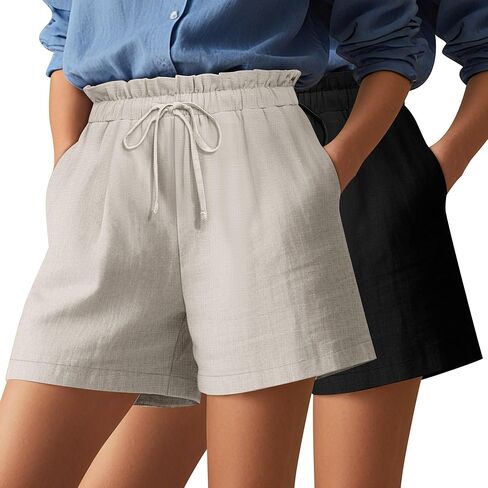 مجموعة من 2 شورت كتان نسائي كاجوال برباط عالي الخصر موضة صيف 2024 شورت مريح مع جيوب in Kuwait