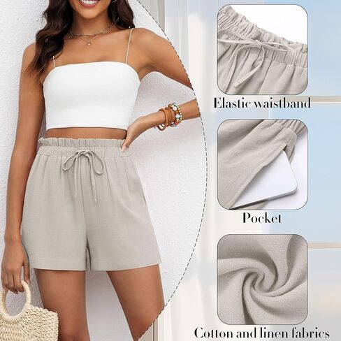 مجموعة من 2 شورت كتان نسائي كاجوال برباط عالي الخصر موضة صيف 2024 شورت مريح مع جيوب in Kuwait