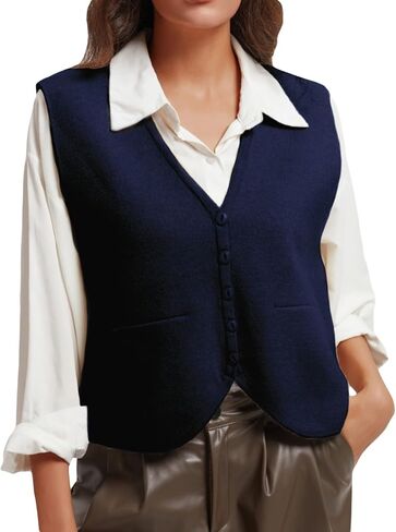 Wowcarbazole Women's Cropped Sweater Vest Sleeveless V Neck Button Down Casual Knit Cardigan Vest Trendy Knitted Tank Tops in Saudi Arabia