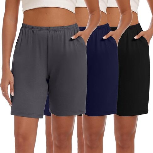 Neer 3 Pack Women's Cotton Shorts Casual Elastic High Waisted Knee Length Summer Lounge Bermuda Shorts with Pockets in Kuwait