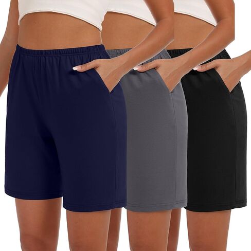 Neer 3 Pack Women's Cotton Shorts Casual Elastic High Waisted Knee Length Summer Lounge Bermuda Shorts with Pockets in Kuwait