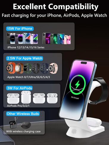 Mag-Safe 3 in 1 Wireless Charging Station, [6-Color RGB Light] 15W Fast Magnetic Wireless Charger Stand for Multiple Devices Apple, for iPhone 15 14 13 12 Pro Max/Plus/Pro, for iWatch 2 to 9 in Kuwait