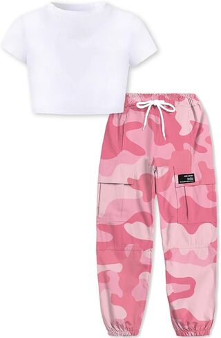 ARTMINE Girls 2 Piece Outfits Short Sleeve Crop Top Cargo Jogger Pants Set, 6-14 Years in Saudi Arabia
