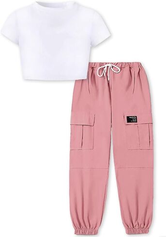 ARTMINE Girls 2 Piece Outfits Short Sleeve Crop Top Cargo Jogger Pants Set, 6-14 Years in Saudi Arabia