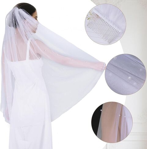 1 Tier Pearl Wedding Bridal Veil Cathedral Wedding Veils Bachelorette Party Short Veil With Metal Comb F55 for Women in Kuwait