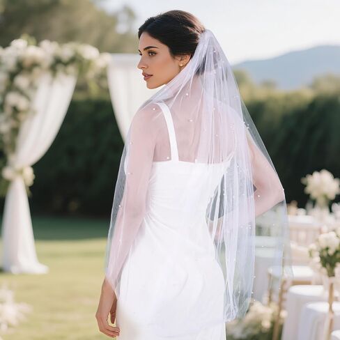 1 Tier Pearl Wedding Bridal Veil Cathedral Wedding Veils Bachelorette Party Short Veil With Metal Comb F55 for Women in Kuwait