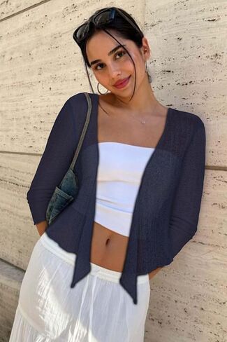 Women Crop Cardigan Sheer Mesh Bolero Shrug for Dress Tie Front 3/4 Sleeve Tops in Saudi Arabia