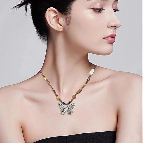 Western Region Necklace for Women Lion Butterfly Beads Natural Stone Retro Beaded Lady Women 17.71 Inch in Saudi Arabia