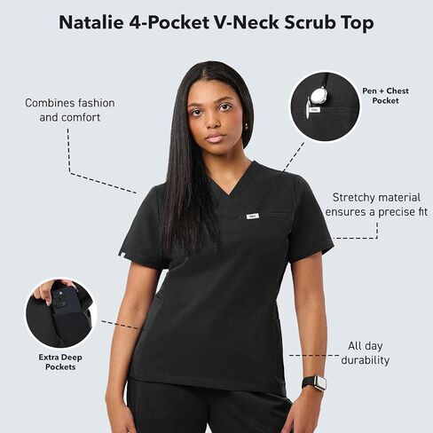 Peelz Natalie 4-Pocket V-neck Scrub Tops للنساء-فرك النسيج الناعم ، والنساء ، قمة فرك للسيدات ، Fit Slim in Kuwait