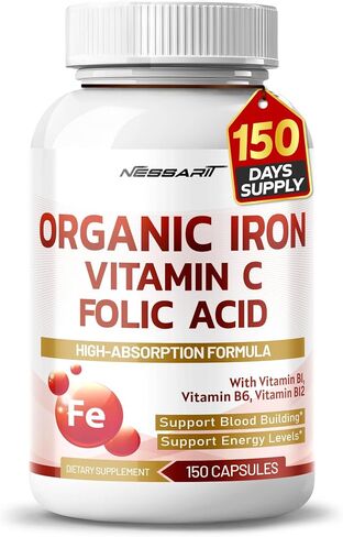 Organic Iron High Potency with Vitamin C, Folic Acid - High-Absorption Formula Vitamin B1, Vitamin B6, Vitamin B12 - Support Blood Building - 150 Count - Made & Tested in The USA in Kuwait
