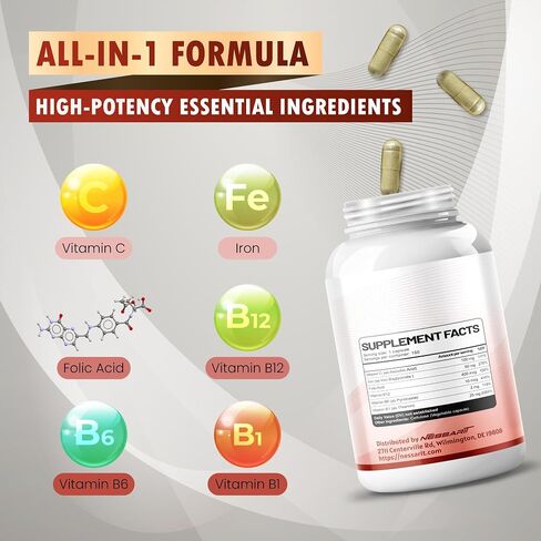 Organic Iron High Potency with Vitamin C, Folic Acid - High-Absorption Formula Vitamin B1, Vitamin B6, Vitamin B12 - Support Blood Building - 150 Count - Made & Tested in The USA in Kuwait