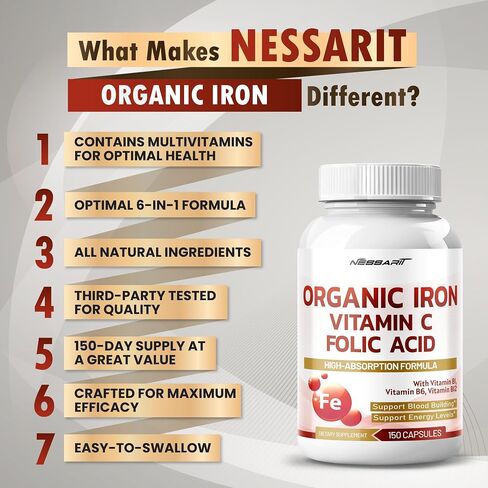 Organic Iron High Potency with Vitamin C, Folic Acid - High-Absorption Formula Vitamin B1, Vitamin B6, Vitamin B12 - Support Blood Building - 150 Count - Made & Tested in The USA in Kuwait