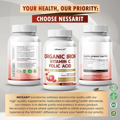 Organic Iron High Potency with Vitamin C, Folic Acid - High-Absorption Formula Vitamin B1, Vitamin B6, Vitamin B12 - Support Blood Building - 150 Count - Made & Tested in The USA in Kuwait