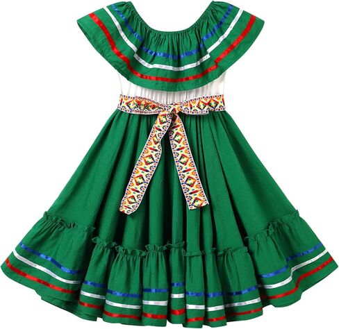 Toddler Girl Mexican Dress Traditional Folklorico Dress with Belt Cinco De Mayo Fiesta Party Dress Carnival Gown in Kuwait