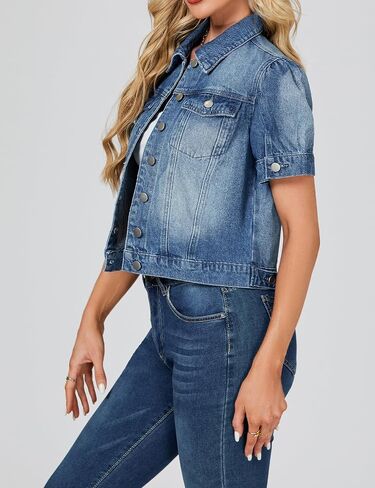 LifeShe Puff Short Sleeve Denim Jacket for Women Summer Cropped Jean Jacket Slim Non-stretch Crop Coat in Saudi Arabia