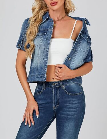 LifeShe Puff Short Sleeve Denim Jacket for Women Summer Cropped Jean Jacket Slim Non-stretch Crop Coat in Saudi Arabia