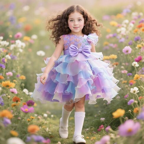 Lamgool Girls Formal Dress Toddler Pageant Rainbow Princess Ruffle Flower Elegant Tutu Sequin Ball Gown for Baby Girls Spring in Kuwait