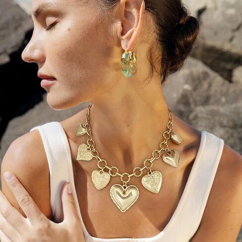 Vintage Heart Necklace Dainty 14k Gold Plated Charm Necklace for Women Hypoallergenic Heart Pendant Choker Necklace Chunky Silver Heart Necklace Statement Necklaces for Women Trendy in Kuwait