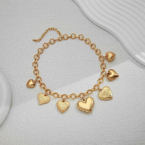Vintage Heart Necklace Dainty 14k Gold Plated Charm Necklace for Women Hypoallergenic Heart Pendant Choker Necklace Chunky Silver Heart Necklace Statement Necklaces for Women Trendy in Kuwait