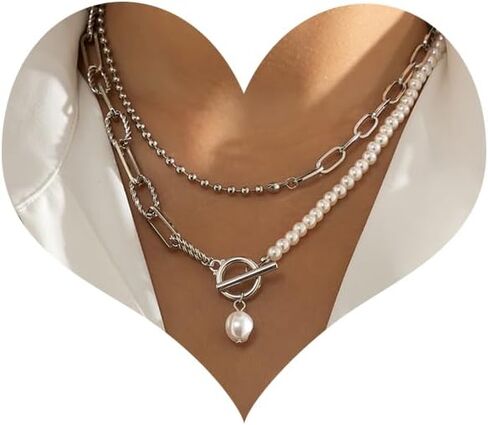 Dainty Layered Baroque Pearl OT Clasp Necklace for Women,Vintage Paperclip Pearl Chain Choker Necklace Adjustable Beaded Ball Chain Fashion Retro Charm Jewelry in Saudi Arabia