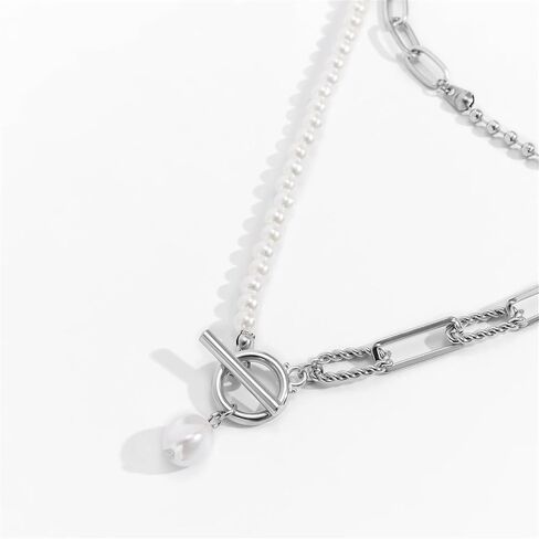 Dainty Layered Baroque Pearl OT Clasp Necklace for Women,Vintage Paperclip Pearl Chain Choker Necklace Adjustable Beaded Ball Chain Fashion Retro Charm Jewelry in Saudi Arabia