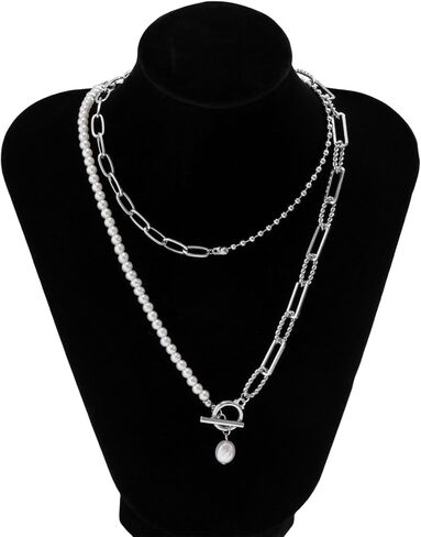 Dainty Layered Baroque Pearl OT Clasp Necklace for Women,Vintage Paperclip Pearl Chain Choker Necklace Adjustable Beaded Ball Chain Fashion Retro Charm Jewelry in Saudi Arabia