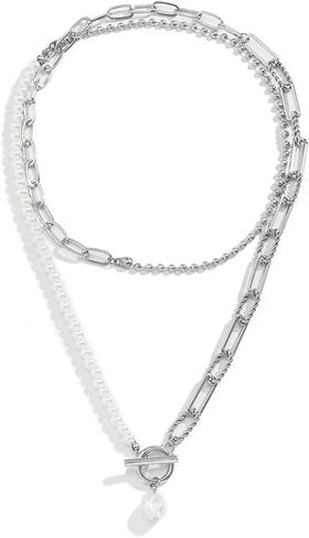 Dainty Layered Baroque Pearl OT Clasp Necklace for Women,Vintage Paperclip Pearl Chain Choker Necklace Adjustable Beaded Ball Chain Fashion Retro Charm Jewelry in Saudi Arabia