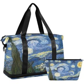 حقيبة صالة رياضية للنساء والرجال ، Van Gogh The Starry Night Art Art Sports Sports Travel Duffel Bag ، حقيبة Weekender بين عشية وضحاها مع جيب رطب للسفر ، الصالة الرياضية ، اليوغا ، السباحة
