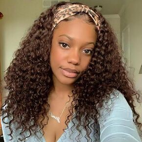 SENSAIRUITE Chocolate Brown Headband Wig Human Hair 20 Inch Deep Wave Curly None Lace Front Wigs for Black Women 180% Density Wear and Go Glueless Wig