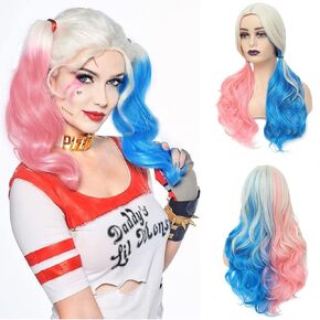 AISI QUEENS Harley Quinn Wig for Girls Halloween Harley Quinn Wig Clown Girl Wig for Women Pink and Blue Wig for Women Daily Party Use (26inch,Clown Girl)