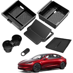 6pcs منظم وحدة التحكم المركزية في Tesla Model 3 Highland 2024 2025 & Model Y Juniper 2025 الملحقات [انزلاق سلس] صينية مسند الذراعين مخفية كأس كاميرا ويب كاميرا ويب