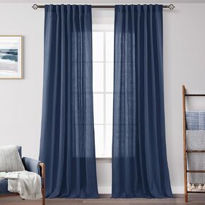 Navy Blue Curtains 84 inch Length for Bedroom Back Tab Light Filtering Semi Sheer Blue Living Room Curtains Linen Cotton Textured Indigo Blue Drapery Panel Modern Farmhouse Aesthetic Decor Dark Blue