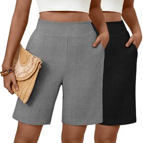Huukaey 2 Pack Women Linen Shorts Summer عرض عريض على الساق مرنة الحزام بيرمودا مع جيوب