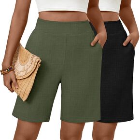 Huukaey 2 Pack Women Linen Shorts Summer عرض عريض على الساق مرنة الحزام بيرمودا مع جيوب in Kuwait
