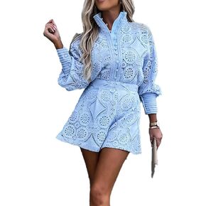 Utcoco Womens 2025 Fashion Summer Eyelet Lace ثنائية الأكمام ذات الأكمام الطويلة مجموعة شورتات (كبيرة ، زرقاء فاتحة)